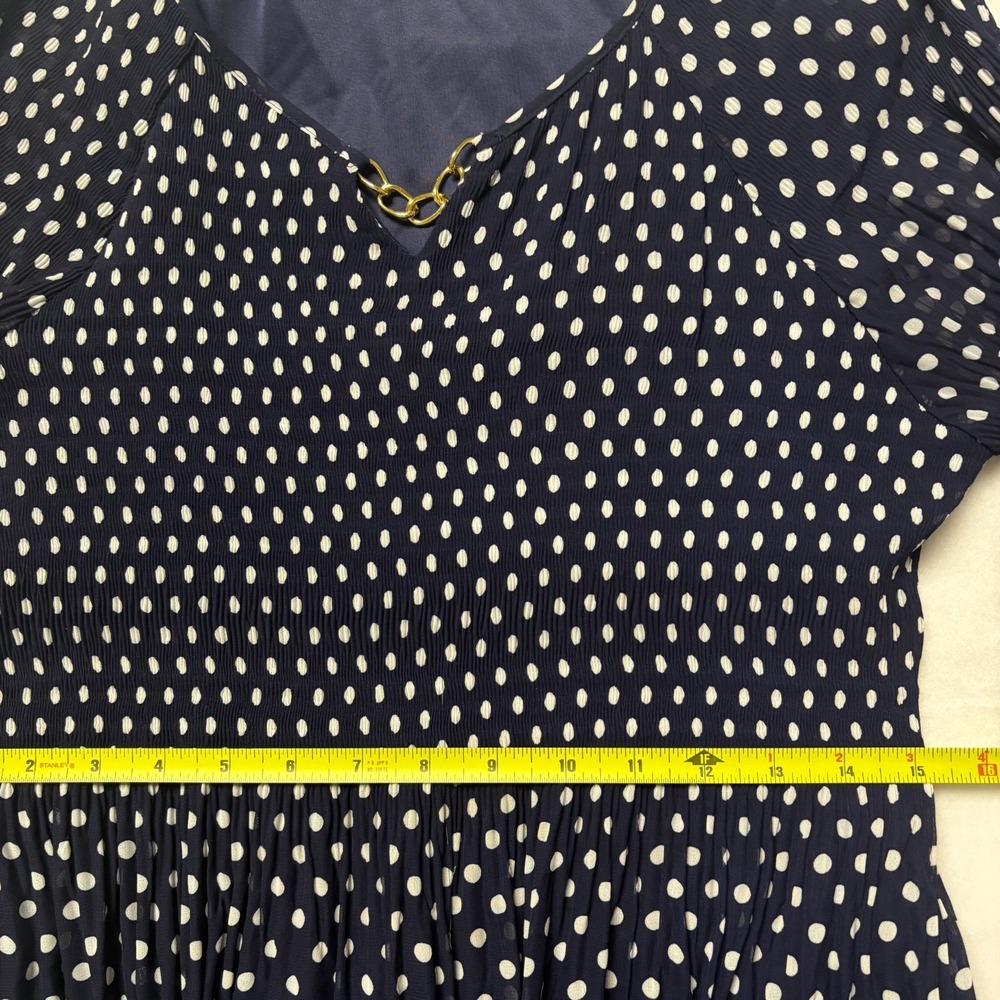 Robert Louis Navy Polka Dot PXL Pleated Bell Sleeve V Neck Midi Whimsigoth Retro - Picture 7 of 9